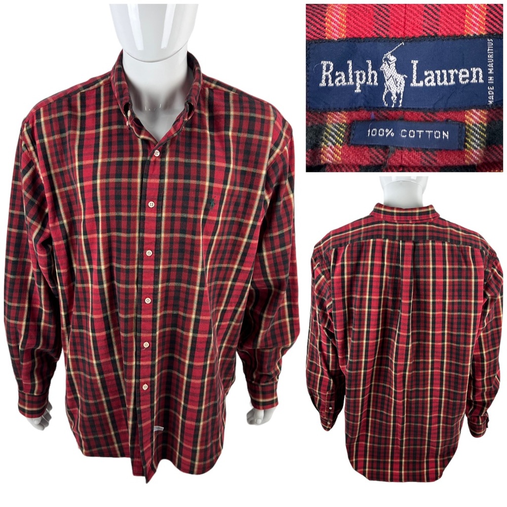 Polo Ralph Lauren Mens 2XL Flannel Shirt Madras Red Vintage 100% Cotton EUC